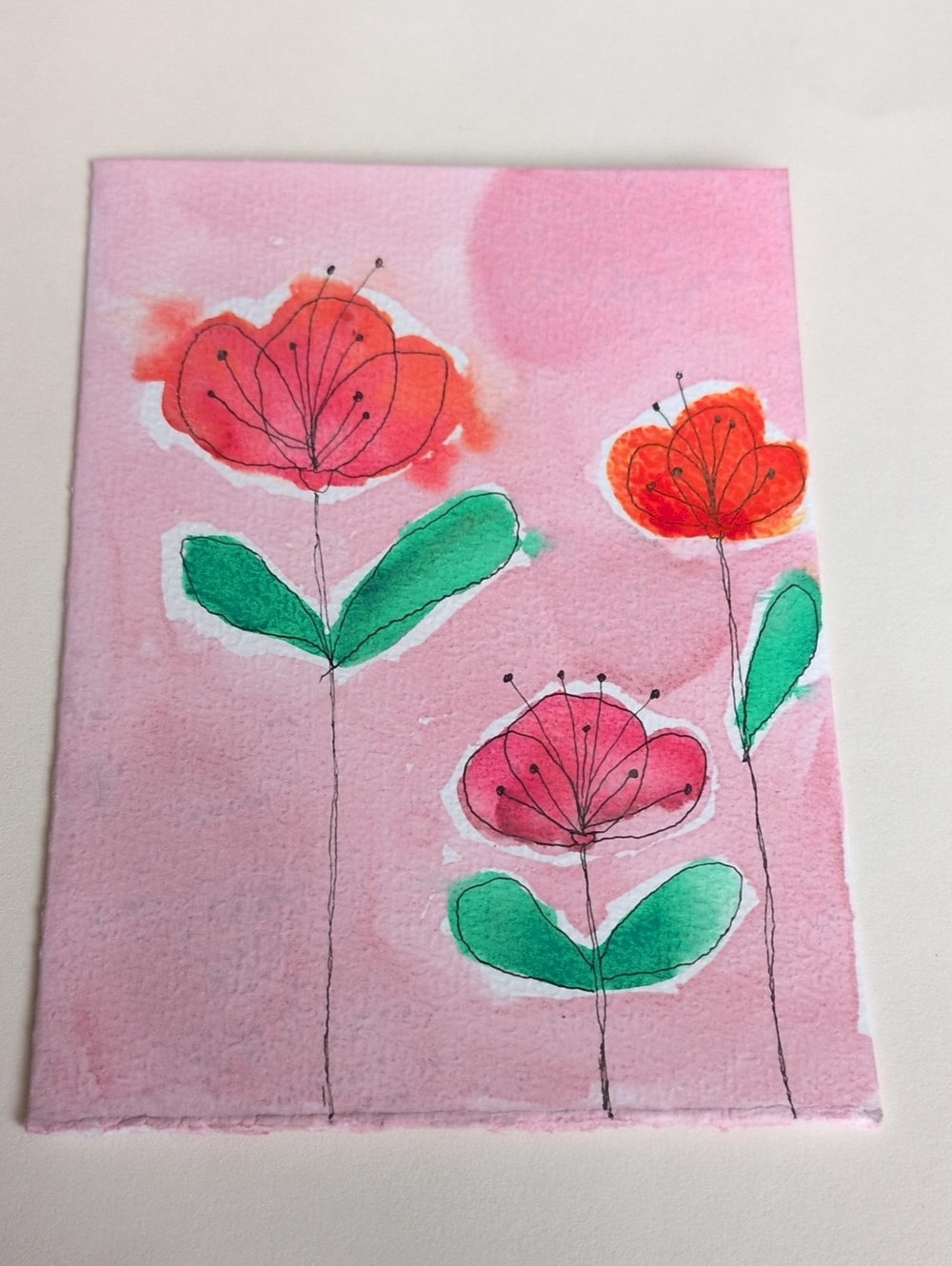 Hand-Painted Pink Floral Watercolor Card
